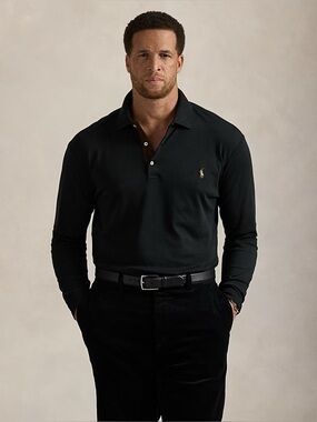 Polo Long-Sleeve Cotton Polo Shirt - Black large tall